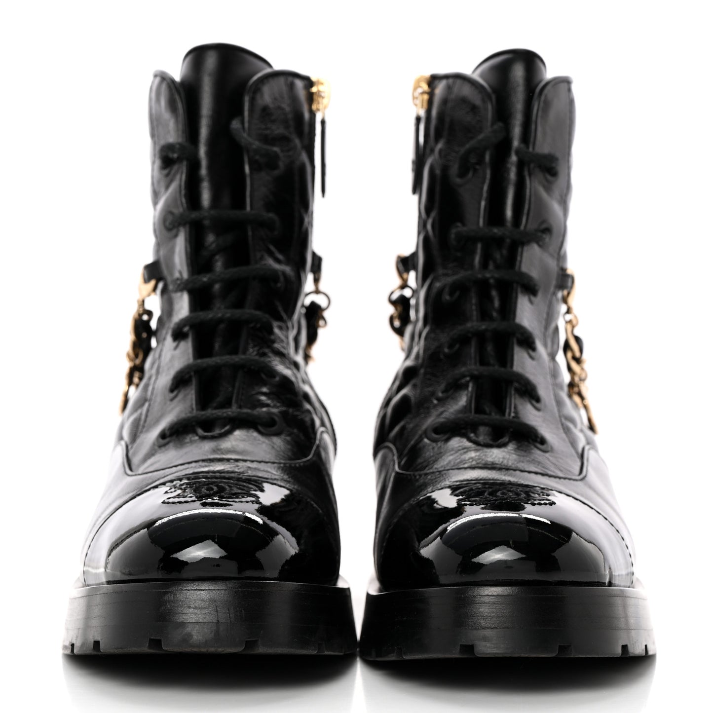 Shiny Calfskin Patent Quilted Chain Lace Up Combat Boots 37.5 Black