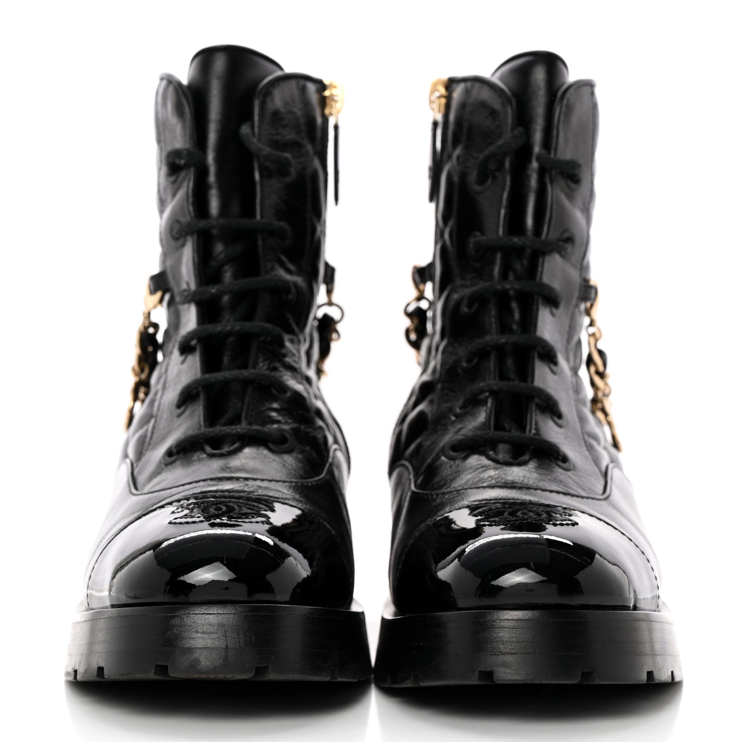 Chanel Shiny Calfskin Patent Quilted Chain Lace Up Combat Boots 37.5 Black 2 of 14
