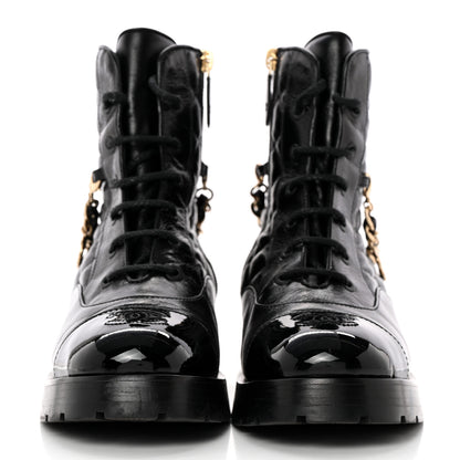 Chanel Shiny Calfskin Patent Quilted Chain Lace Up Combat Boots 37.5 Black 2 of 14