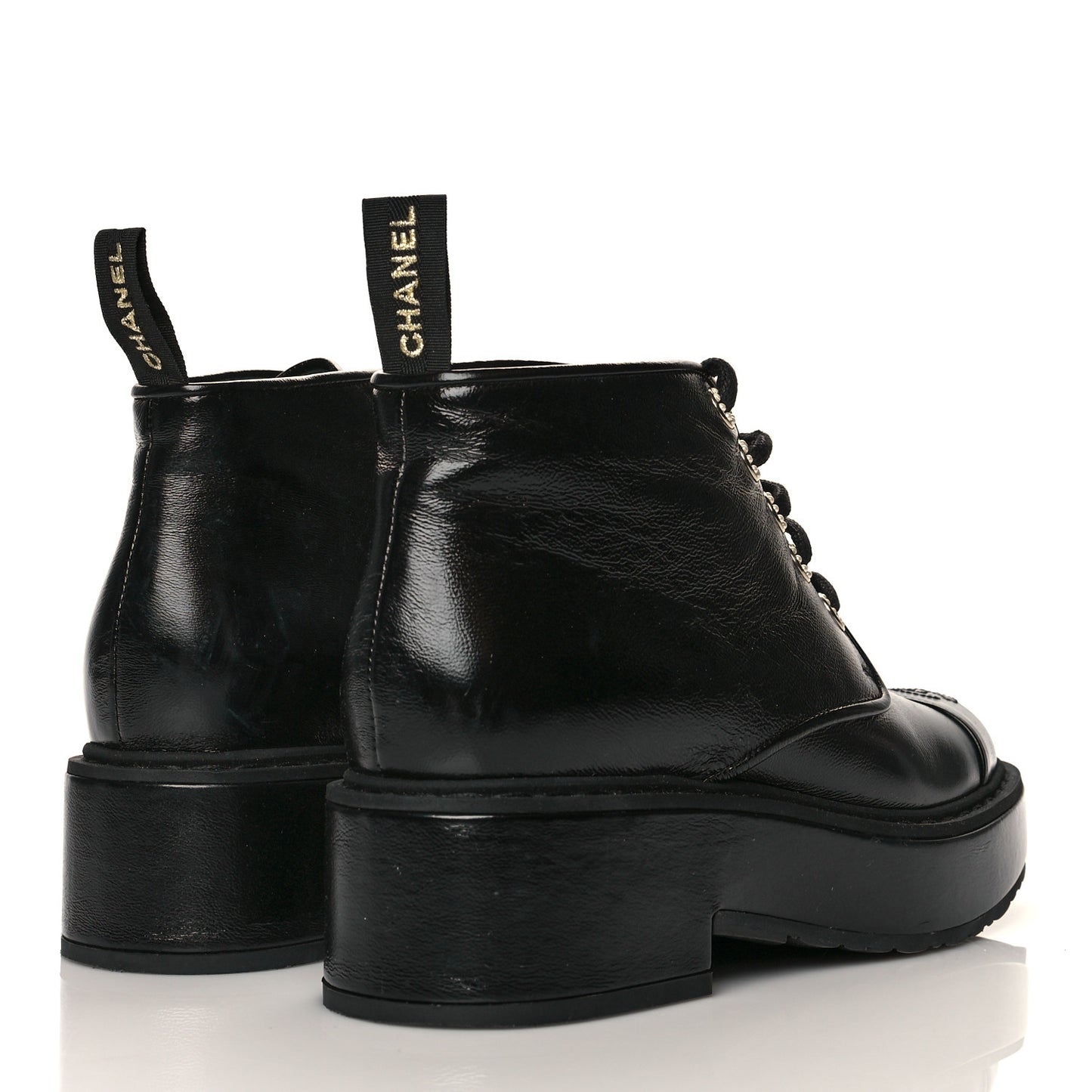 Shiny Calfskin Pearl Lace Up Combat Short Boots 38 Black