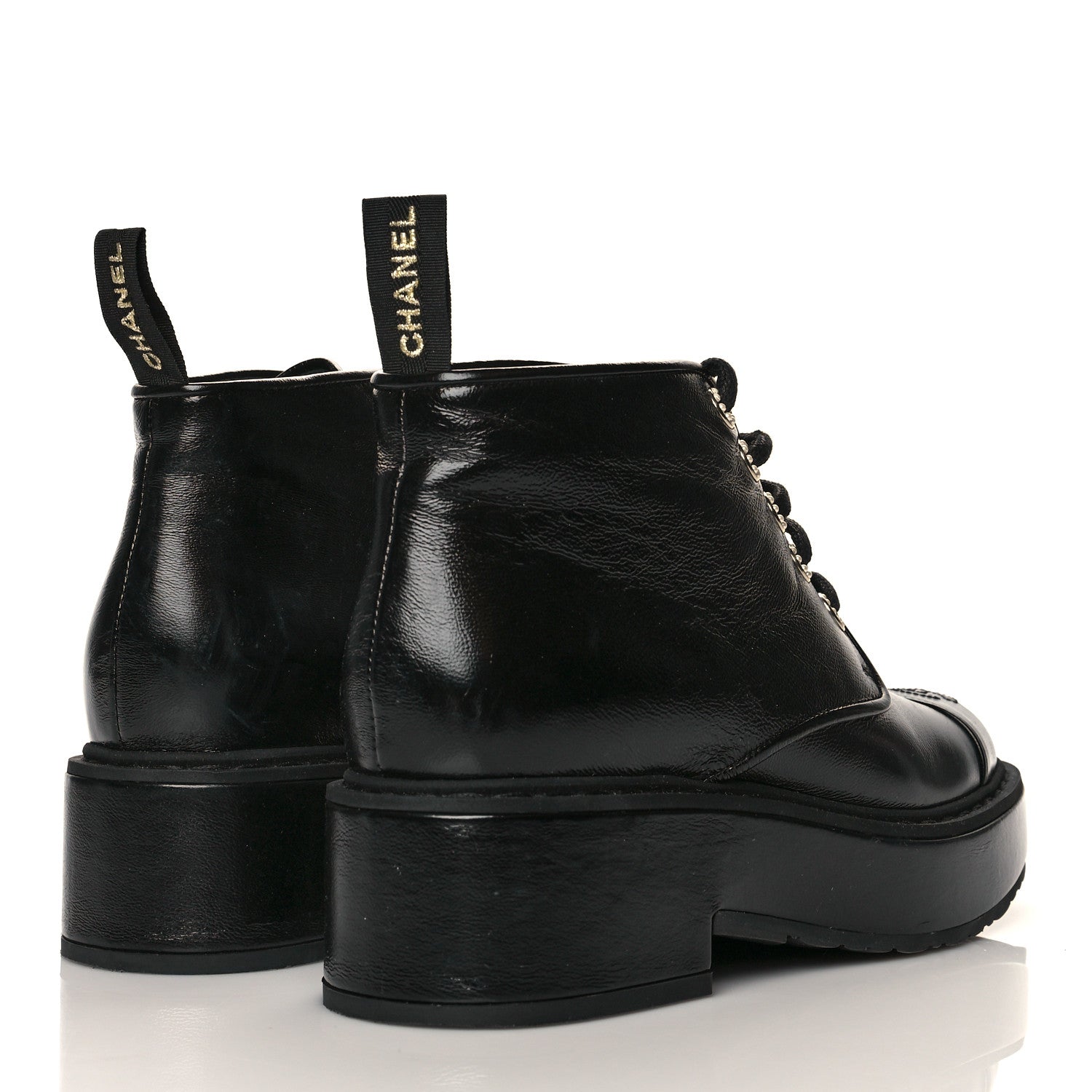 Chanel Shiny Calfskin Pearl Lace Up Combat Short Boots 38 Black 4 of 9