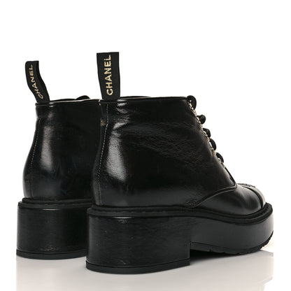 Chanel Shiny Calfskin Pearl Lace Up Combat Short Boots 38 Black 4 of 9