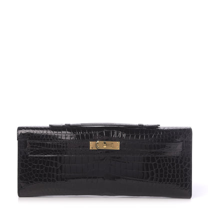 Hermes Shiny Porosus Crocodile Kelly Cut Pochette Black 1 of 31