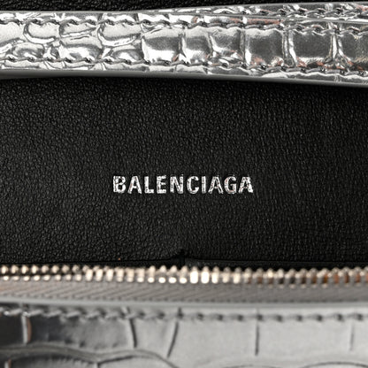 Balenciaga Metallic Calfskin Crocodile Embossed Hourglass Chain Bag Silver 6 of 10