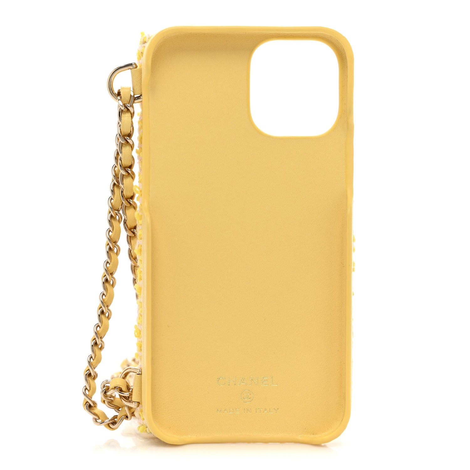 Chanel Tweed Quilted iPhone XII Pro Case With Chain Yellow Pink