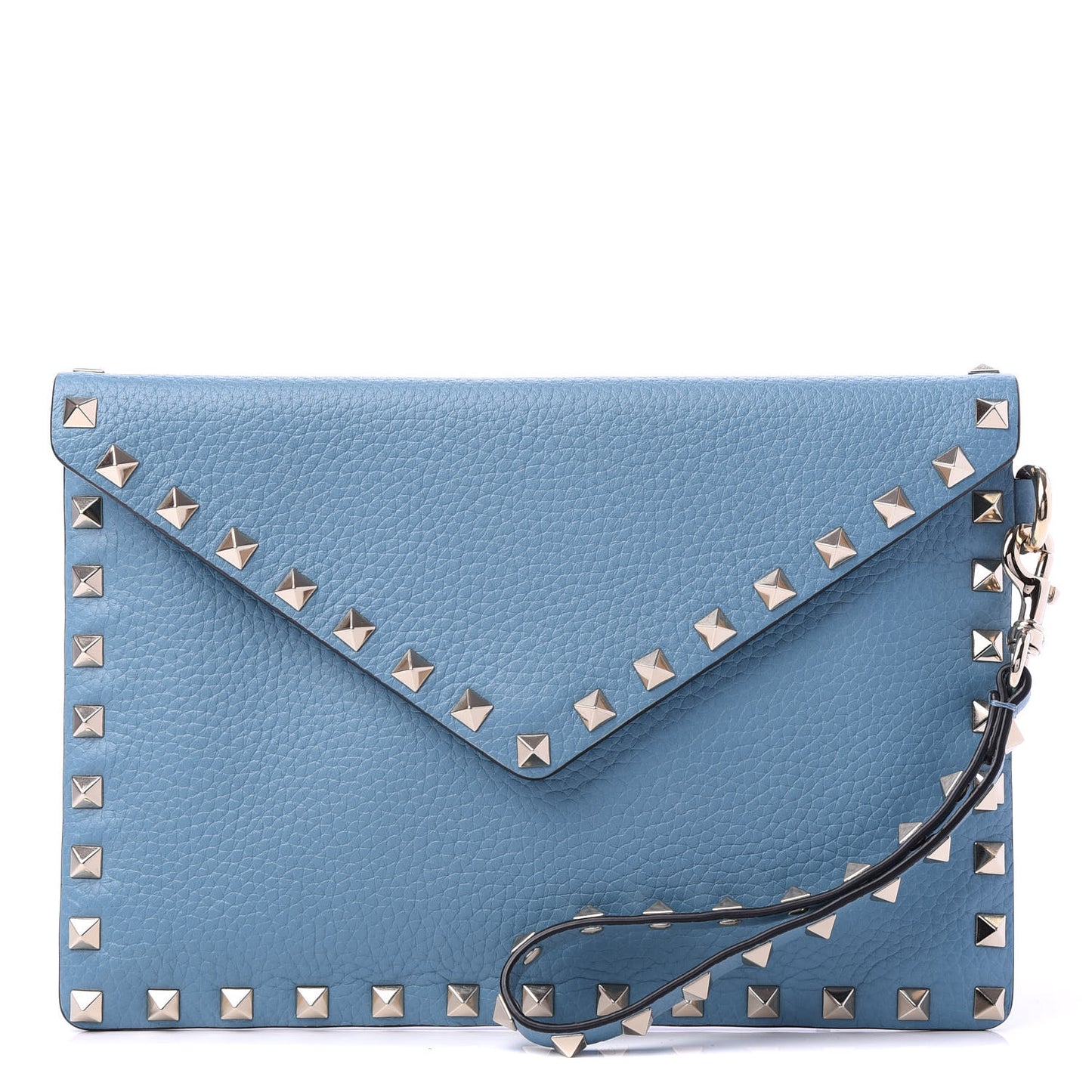 Pebbled Calfskin Medium Rockstud Envelope Flat Wristlet Pouch Atlantique