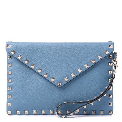 Valentino Garavani Pebbled Calfskin Medium Rockstud Envelope Flat Wristlet Pouch Atlantique 1 of 9
