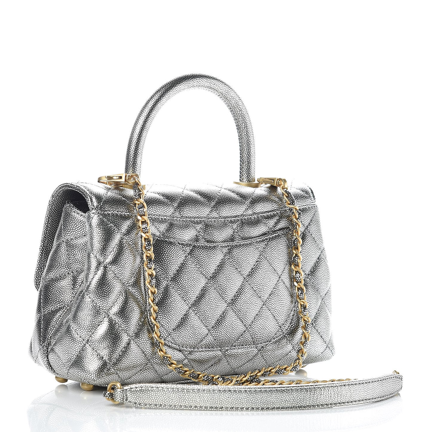 Metallic Caviar Quilted Mini Coco Handle Flap Silver