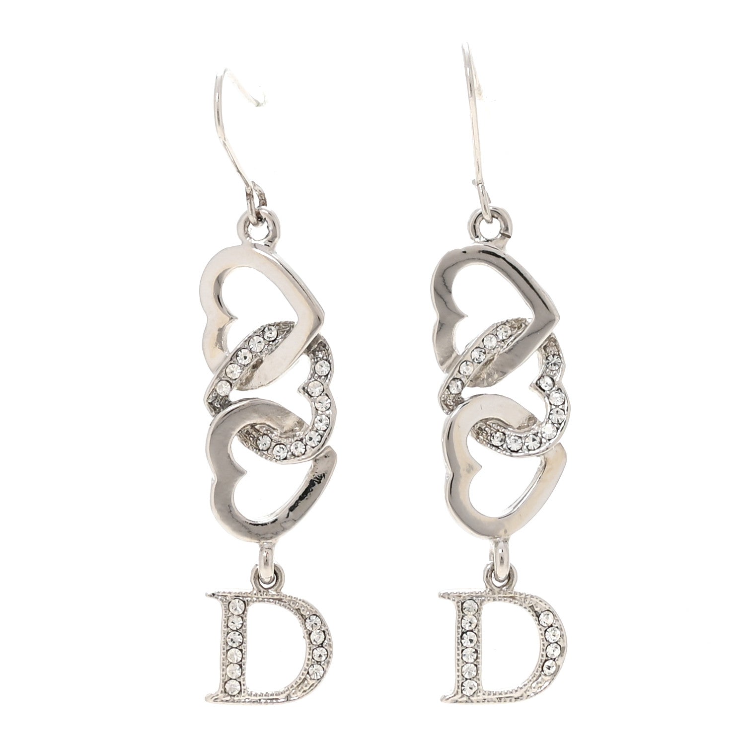 Christian Dior Crystal Heart Drop Earrings Silver 1 of 3