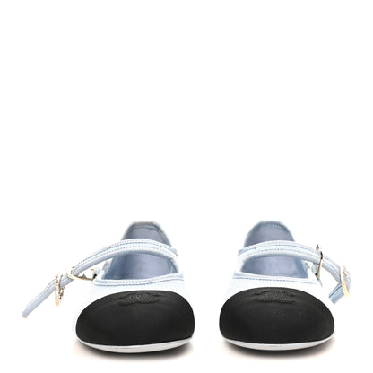 Chanel Fabric Grosgrain Mary Jane Flats 37 Light Blue Black 3 of 10