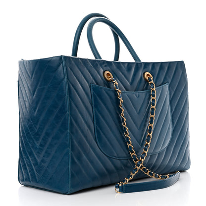 Chanel Aged Calfskin Chevron Large Coco Handle Shopping Tote Blue 4 of 16