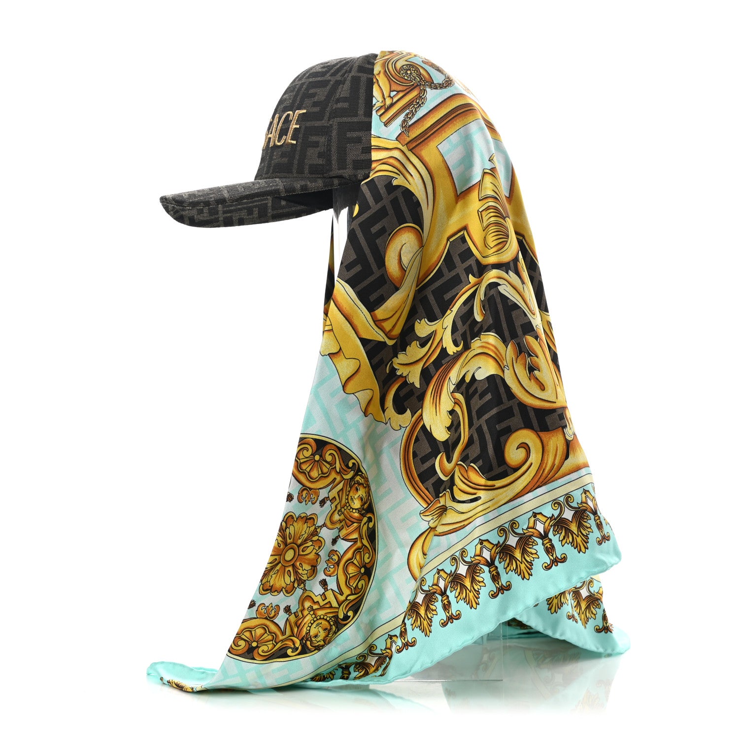 Fendi X VERSACE Silk FF Baroque Fendace Foulard Cap 59 Gold 3 of 11