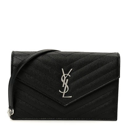 Saint Laurent Grain De Poudre Matelasse Chevron Monogram Envelope Chain Wallet Black 1 of 10