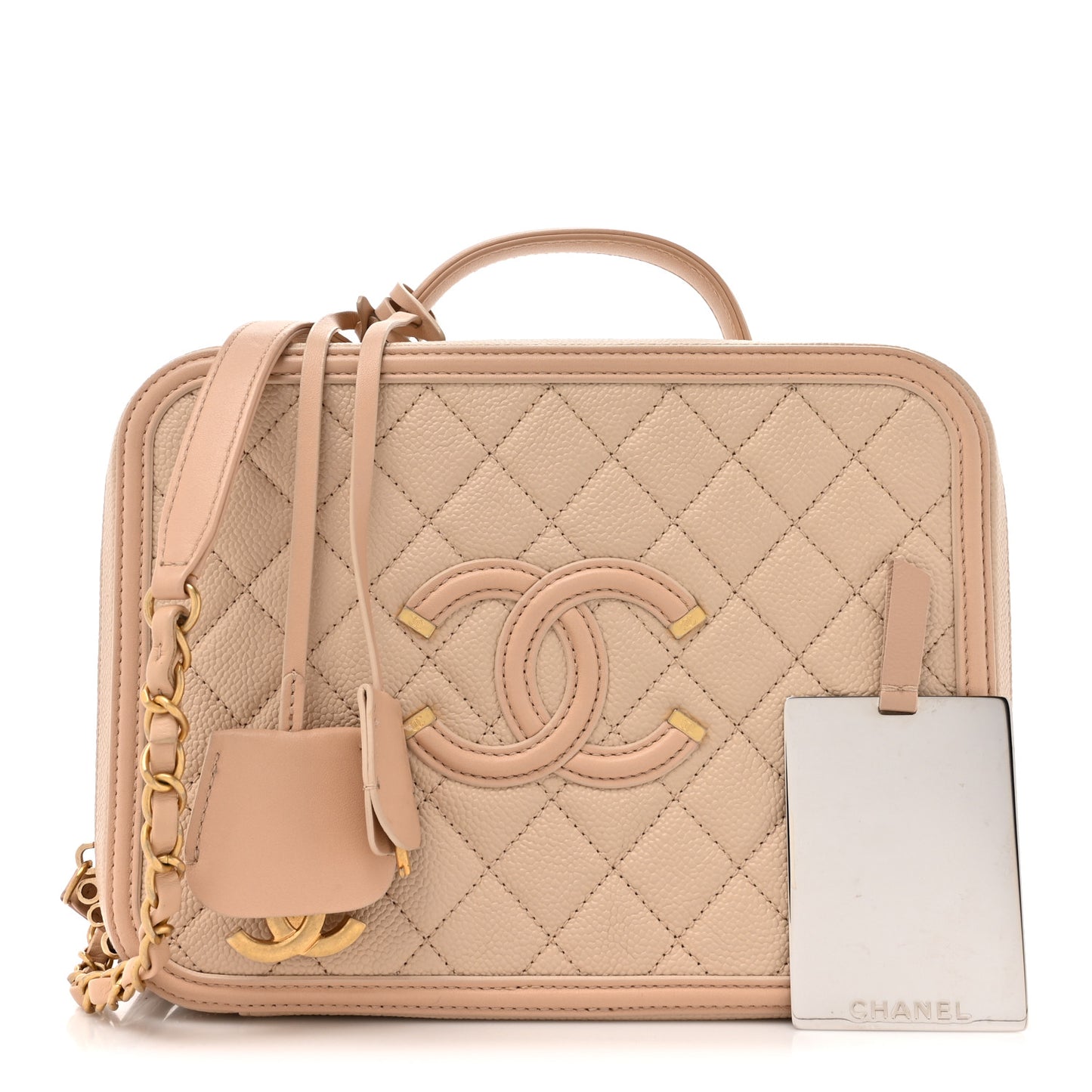 Caviar Quilted Large CC Filigree Vanity Case Beige