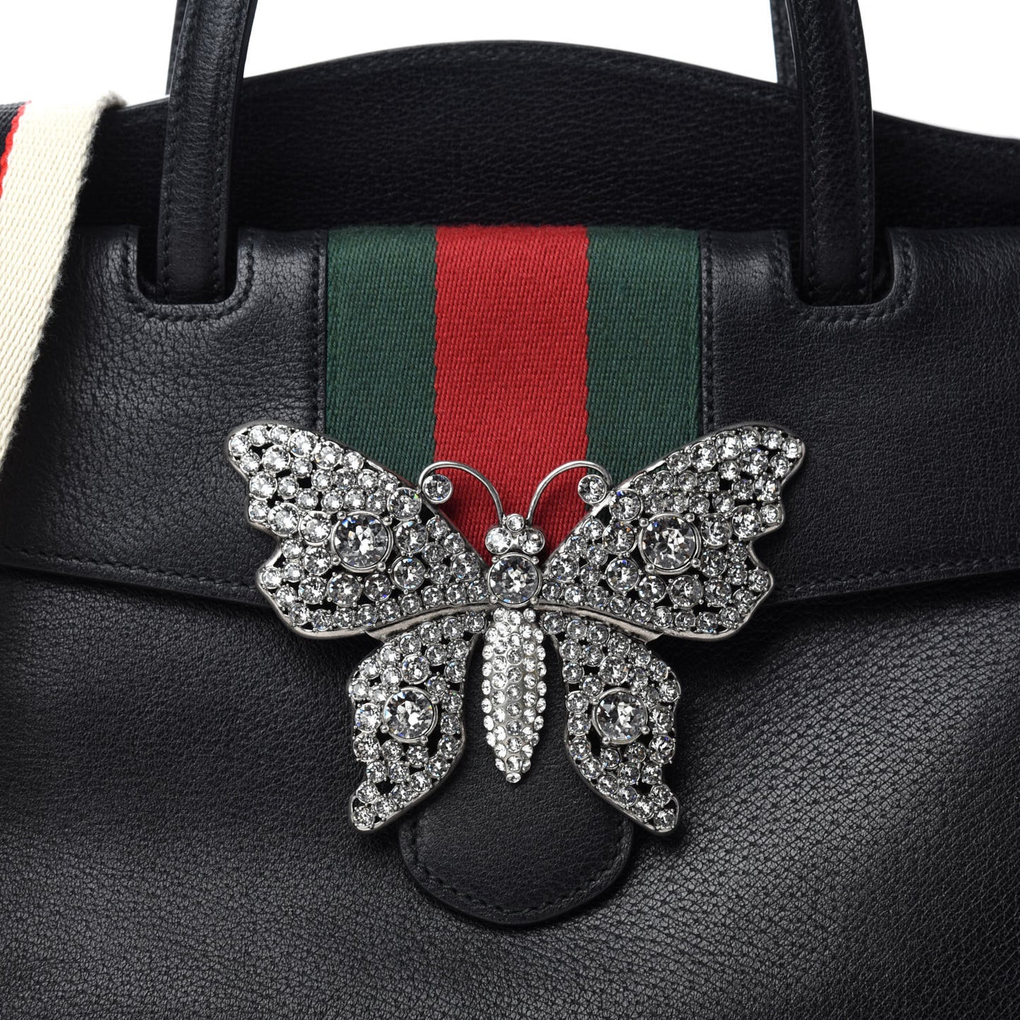 Grained Calfskin Web Crystal Butterfly Stripe Medium Totem Top Handle Bag Black