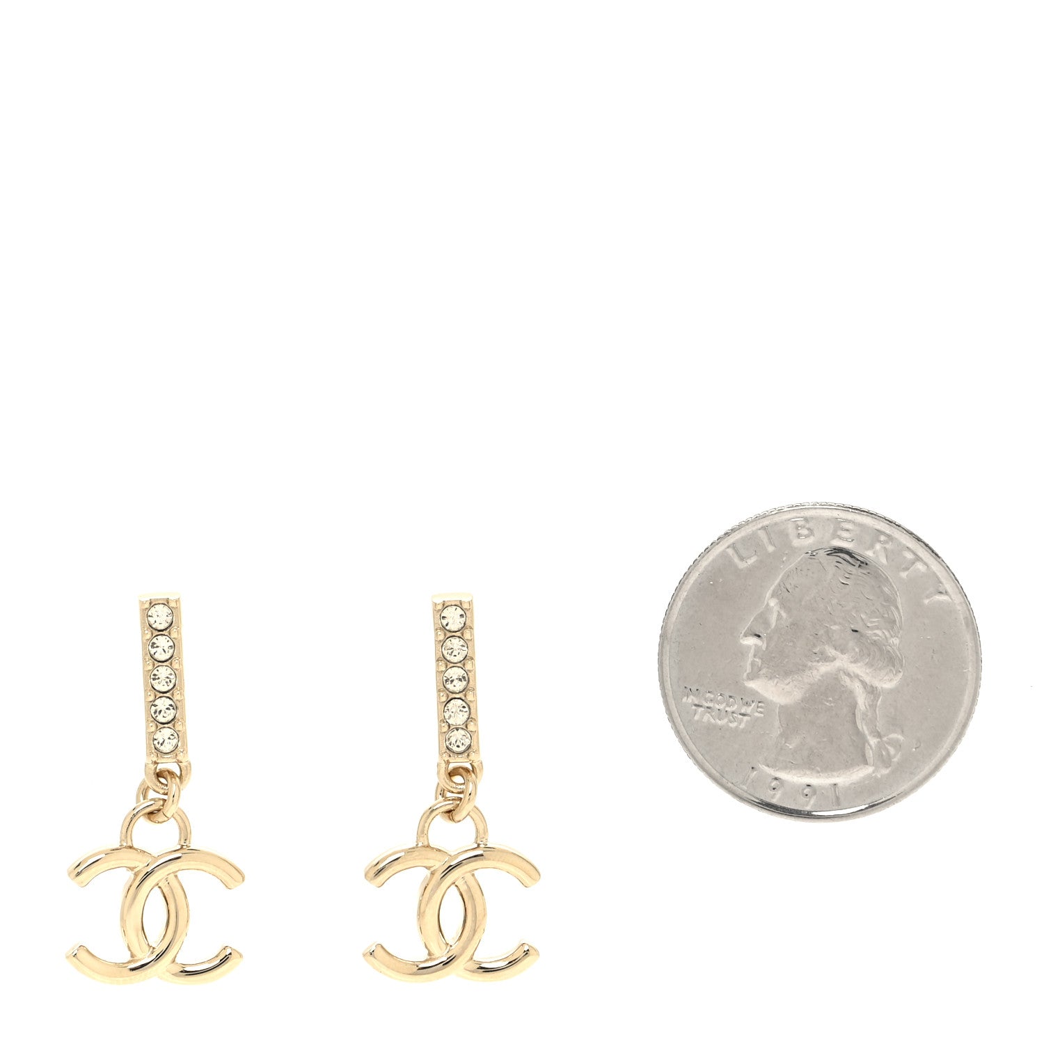 Chanel Metal Crystal Studded CC Drop Earrings Gold 2 of 5