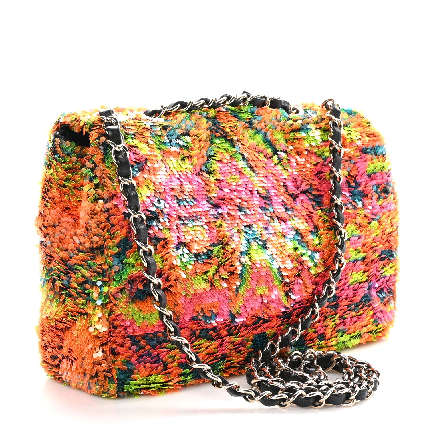 Chanel Sequin Logo Single Flap Orange Turquoise Pink 3 of 10