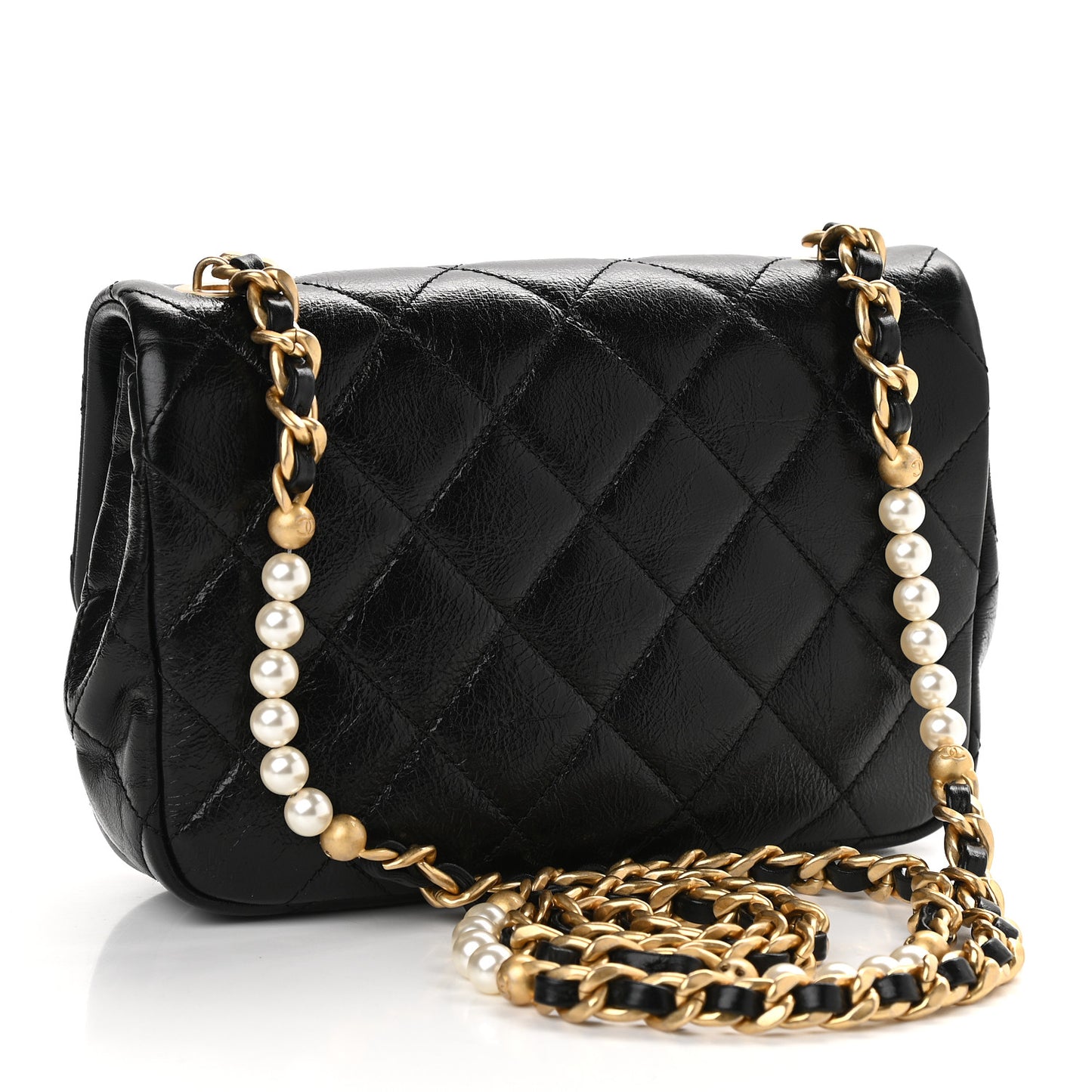 Glazed Calfskin Quilted Mini Pearl Side Flap Black