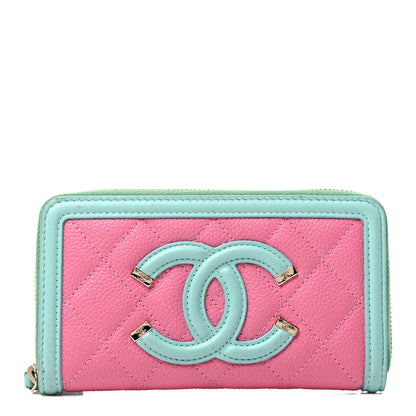 Chanel Caviar Quilted Medium Filigree Zip Around Wallet Pink Blue Green 1 of 3
