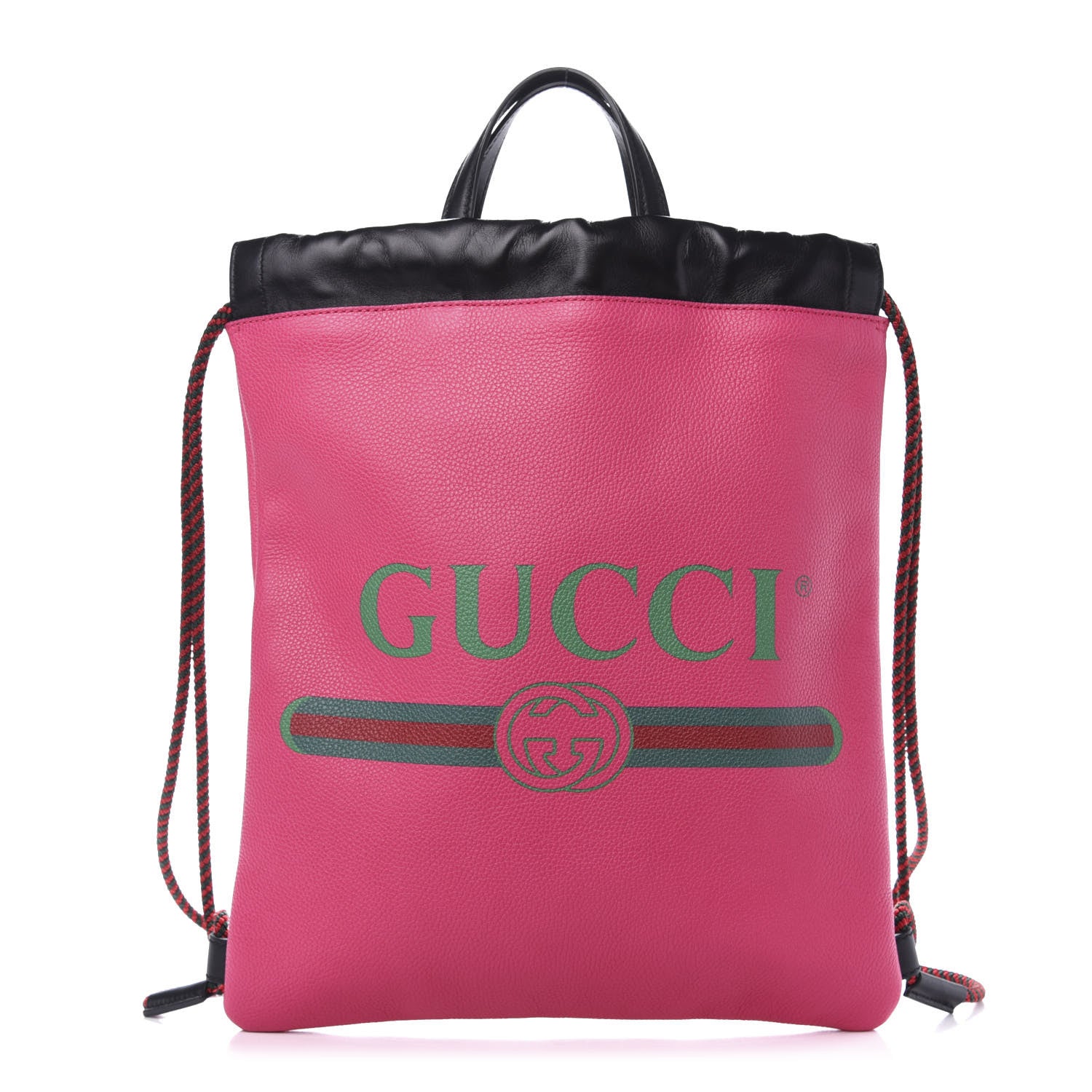 Gucci Grained Calfskin Logo Drawstring Backpack Box Pink Green Black 2 of 12