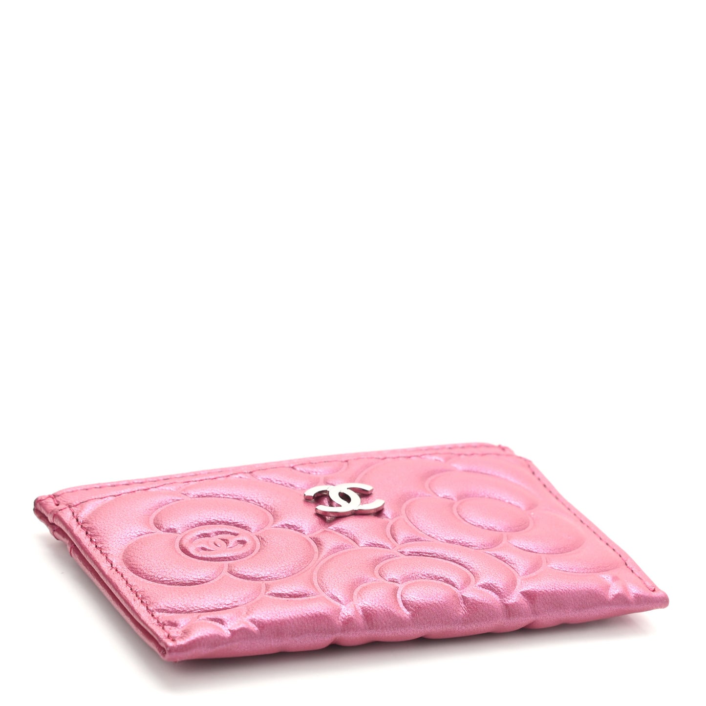 Lambskin Camellia Embossed Card Holder Fuchsia