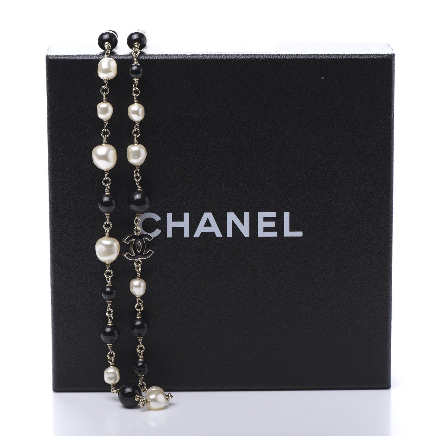 Pearl Bead Enamel CC Long Necklace Black Gold