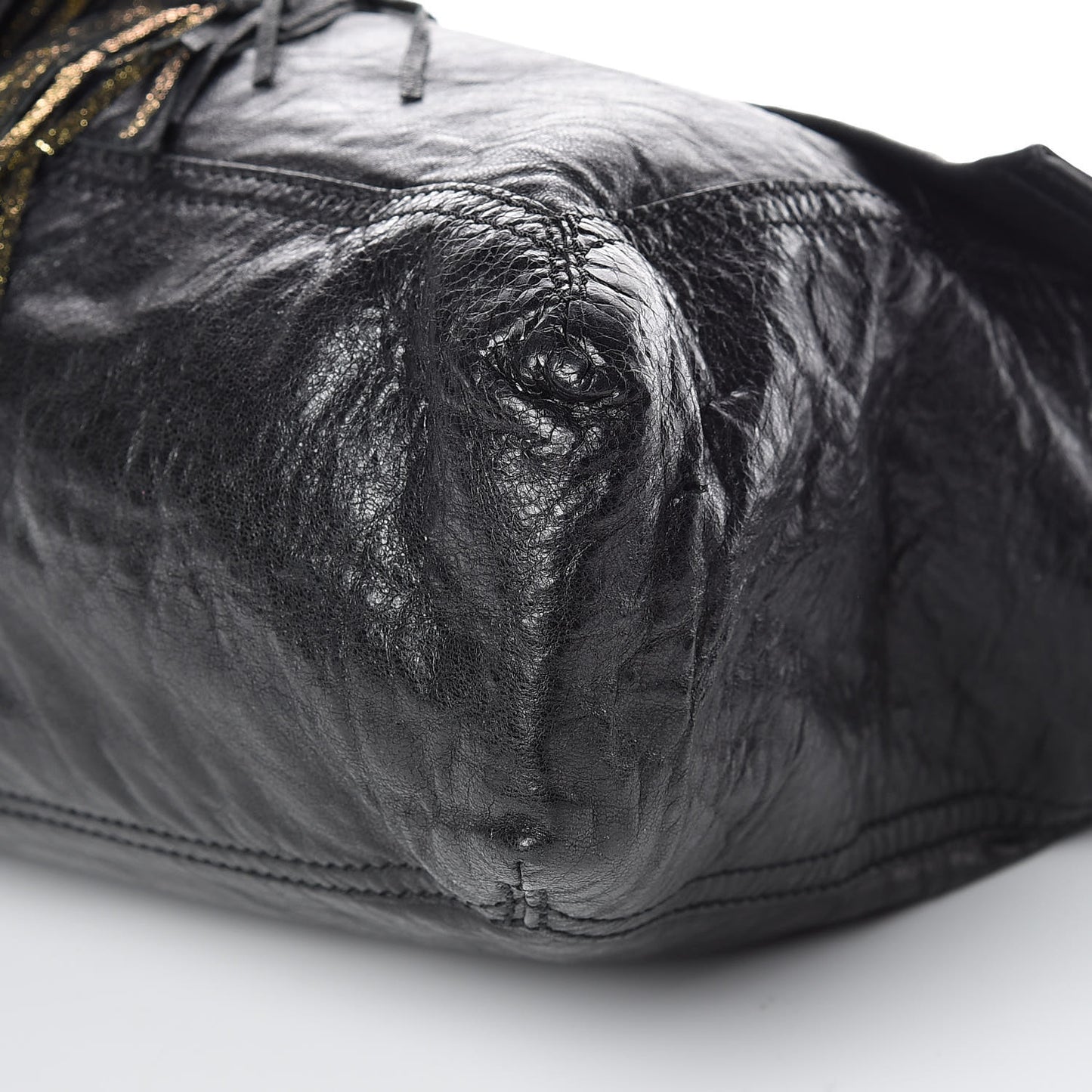 Crumpled Calfskin Fringe Large Convertible Baguette Black