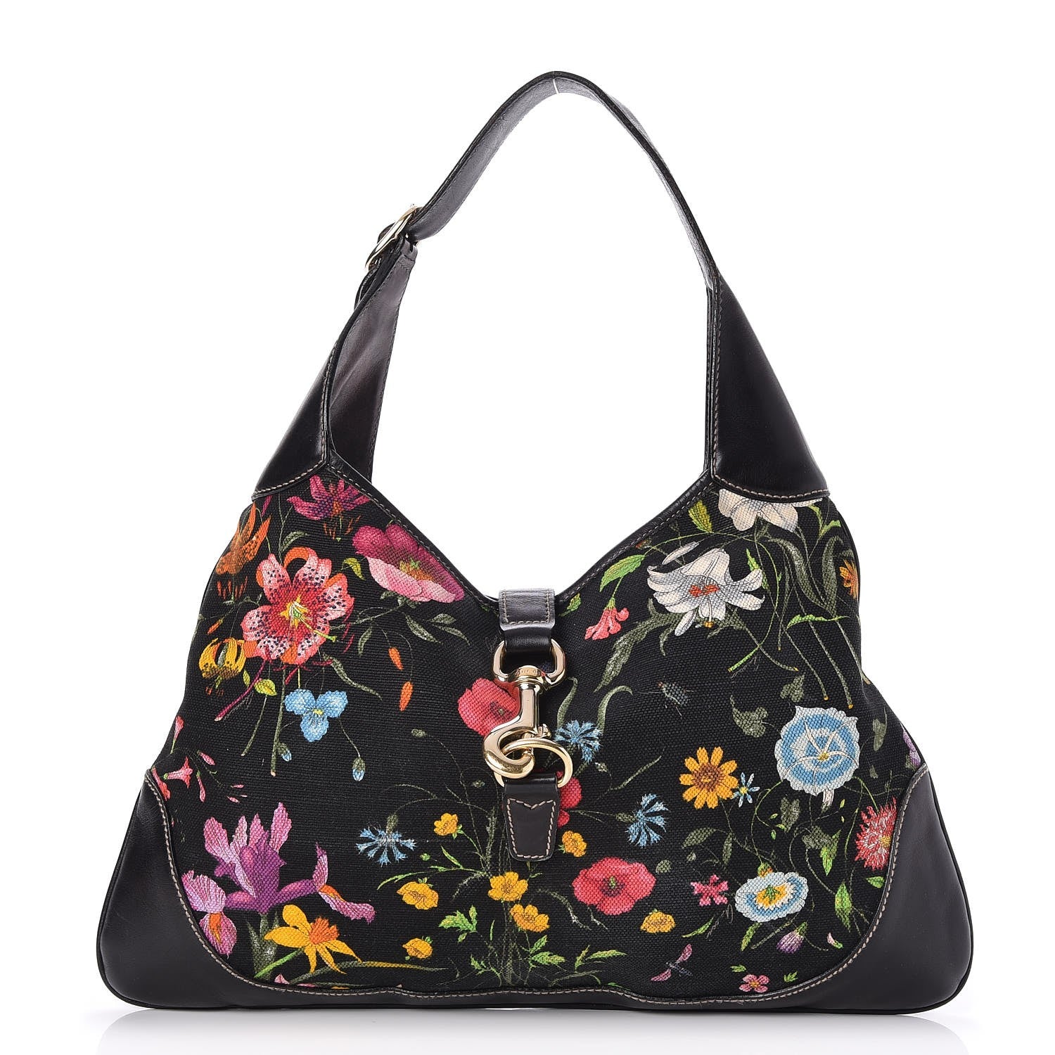 Gucci Canvas Floral Flora Medium Jackie O Bouvier Hobo Black 1 of 7