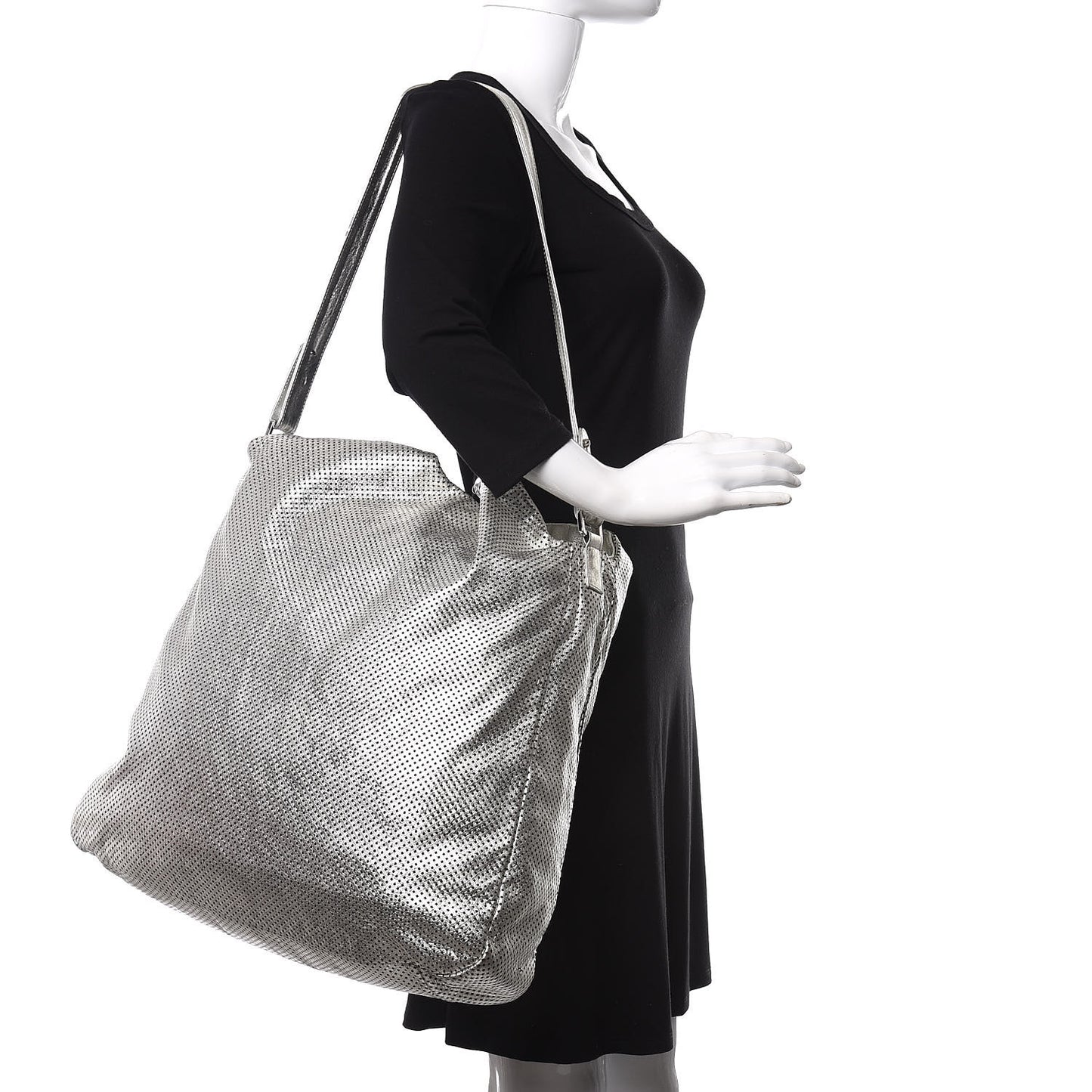 Metallic Glazed Calfskin Perforated Large Rodeo Drive Tote Silver