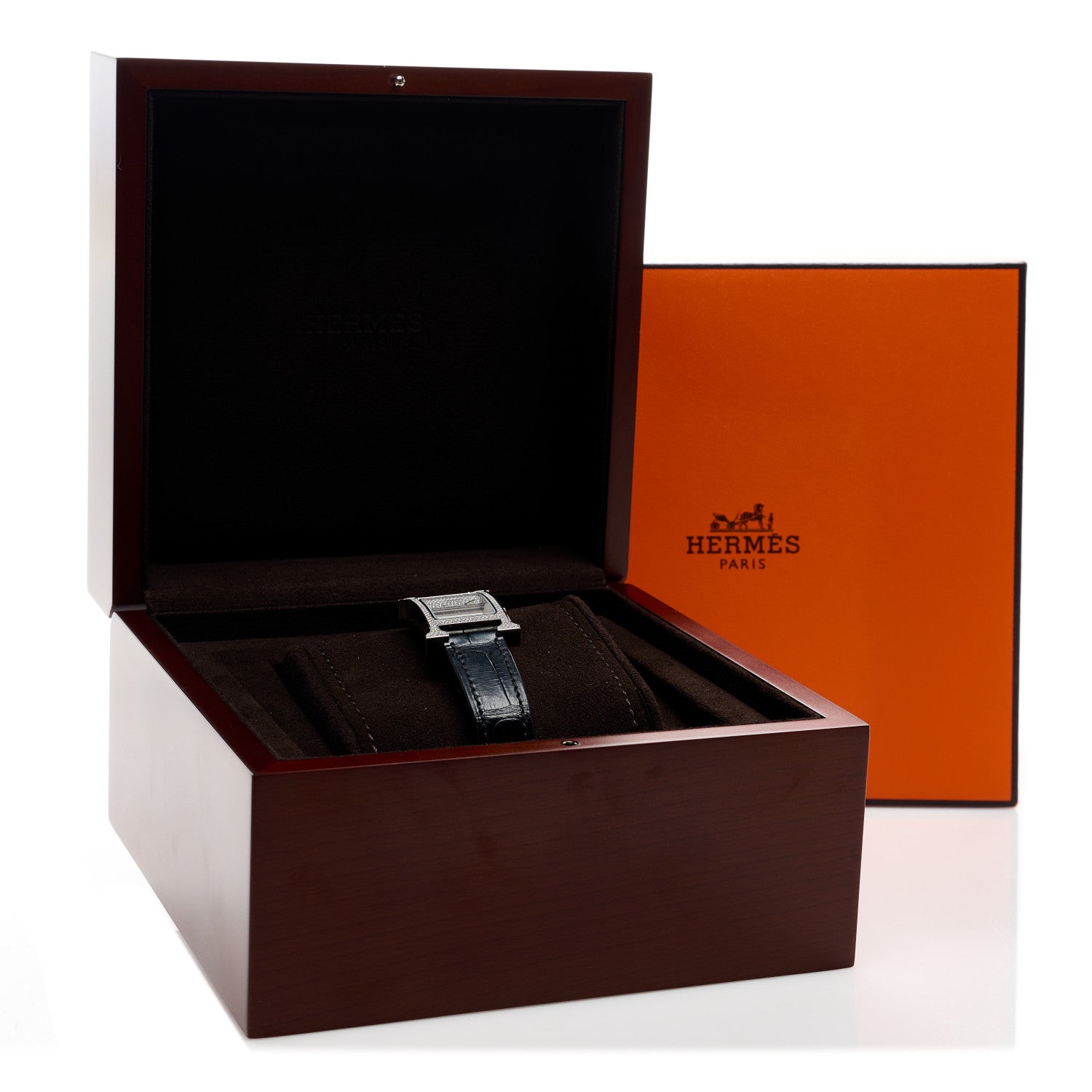 Hermes Stainless Steel Alligator Diamond Pave 21mm Heure H Quartz Watch Noir 5 of 5