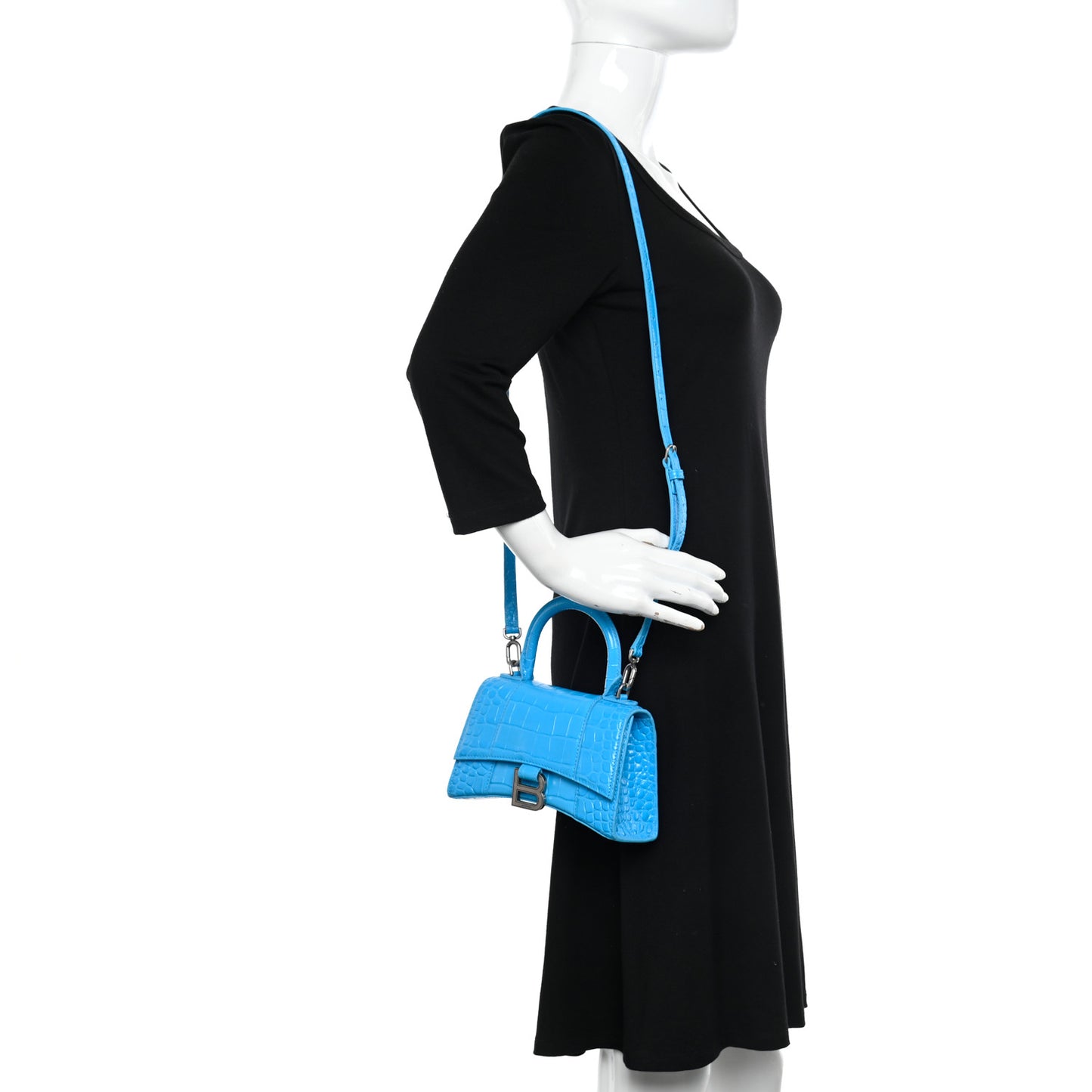 Shiny Calfskin Crocodile Embossed Hourglass Top Handle Bag XS Cyan