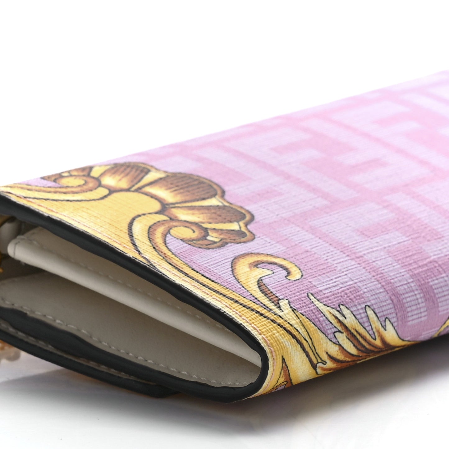 X VERSACE Glazed Fabric Fendace FF Baroque Continental Wallet On Chain Gold White Rosa