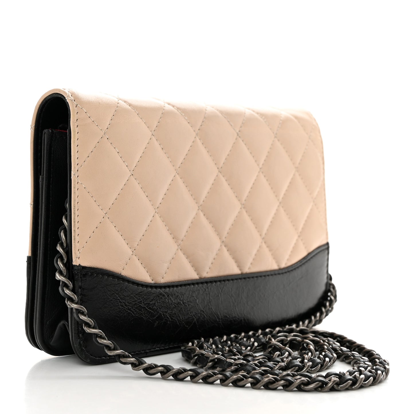 Aged Calfskin Quilted Gabrielle Wallet On Chain WOC Beige Black