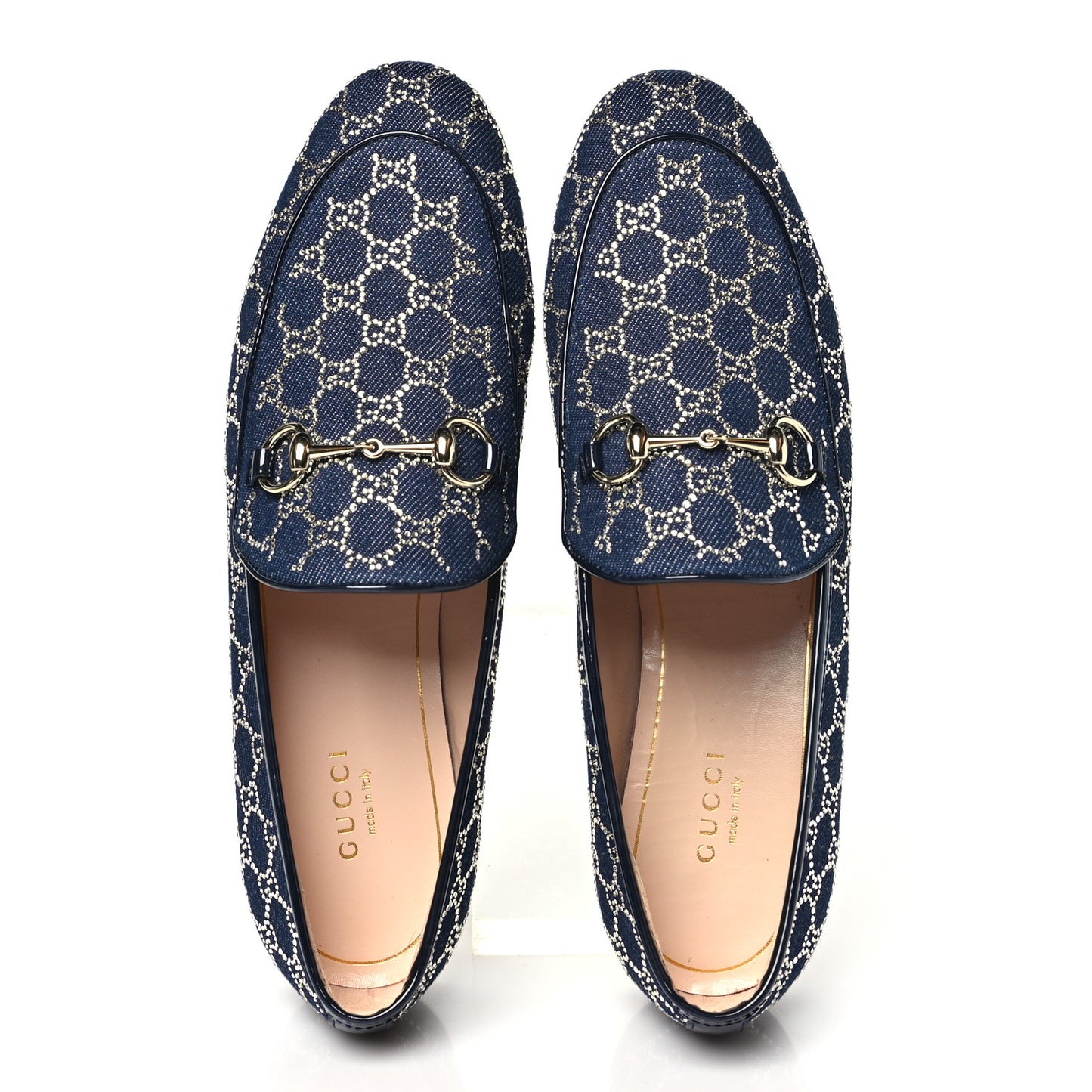 Denim Crystal GG Monogram Horsebit Womens Jordaan Loafers 38 Deep Blue Blue Milad