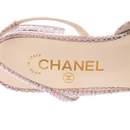 Chanel Tweed Patent Cap Toe CC Slingback Flat 36.5 Pink White 6 of 12