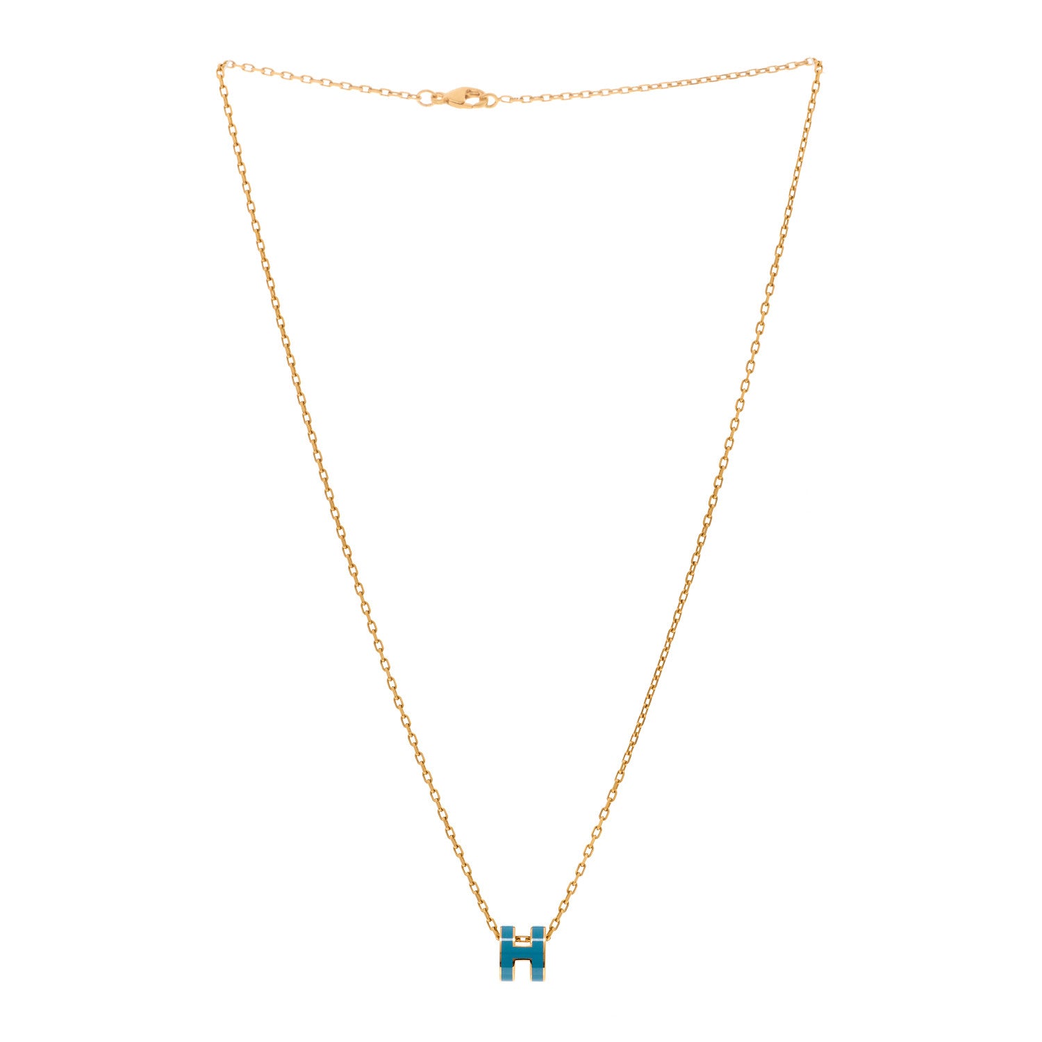 Hermes Lacquered Gold Mini Pop H Pendant Necklace Bleu Jean 3 of 6