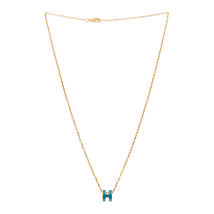 Hermes Lacquered Gold Mini Pop H Pendant Necklace Bleu Jean 3 of 6