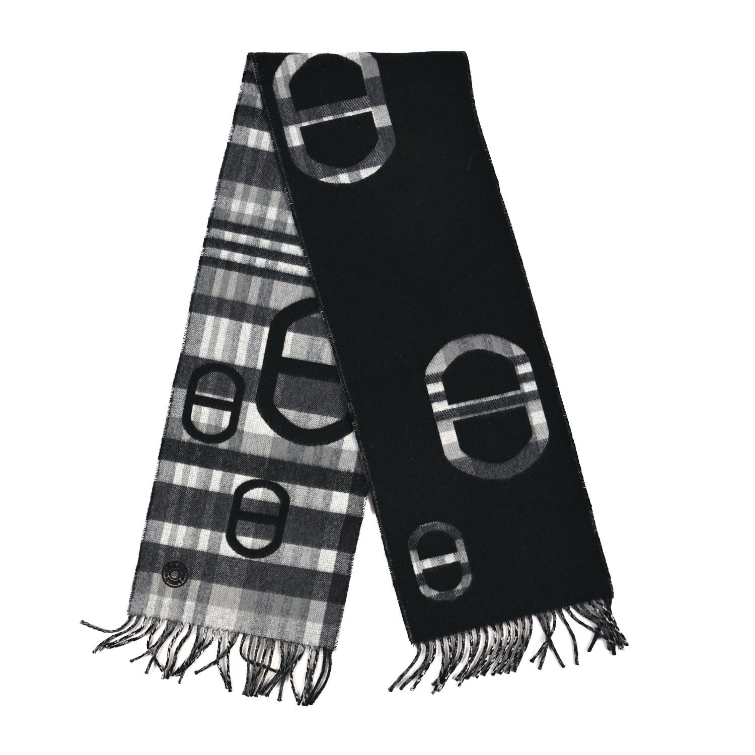 Hermes Cashmere Tartan Maillons Muffler Black Grey 2 of 3