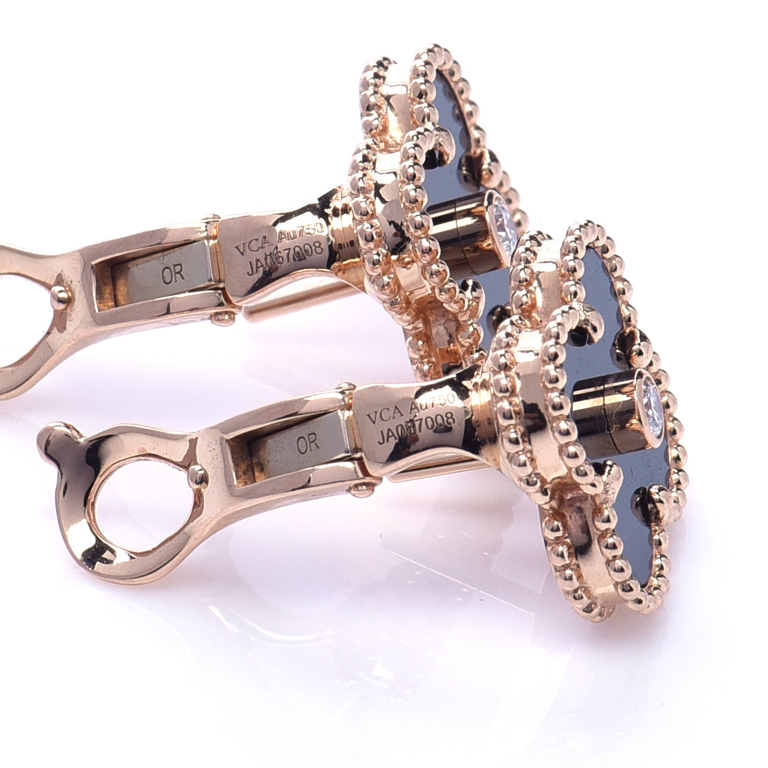 Van Cleef & Arpels 18K Rose Gold Diamond Black Onyx Vintage Alhambra Earrings 5 of 7