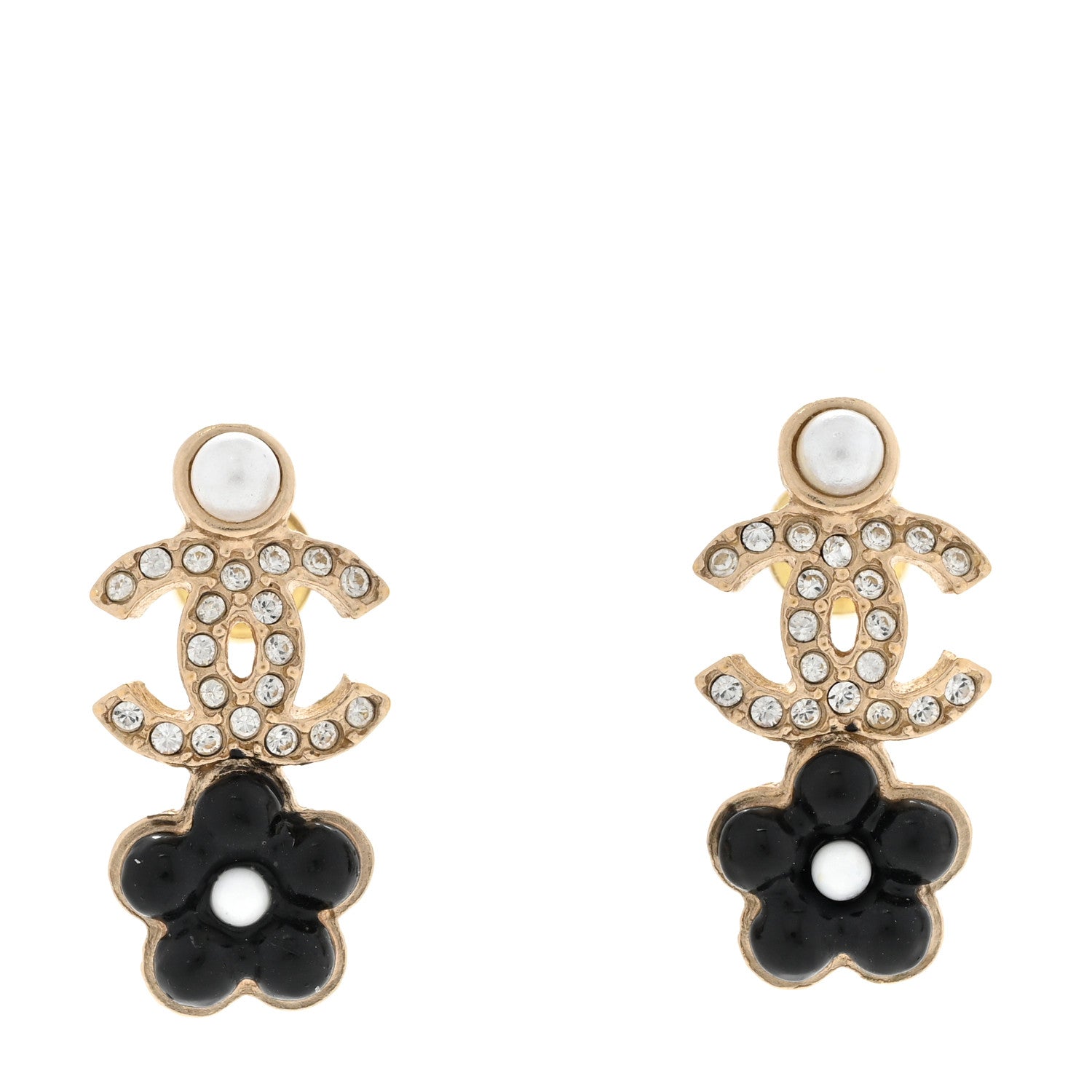 Chanel Crystal Pearl CC Flower Earrings Black Gold 1 of 5
