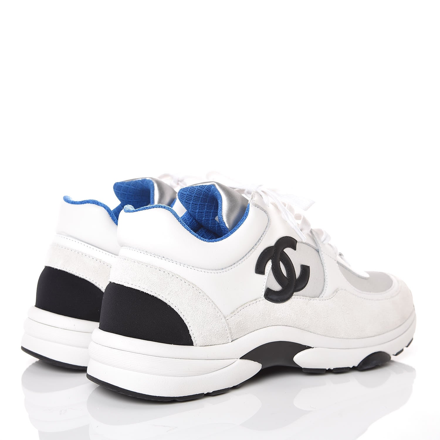 Chanel Suede Calfskin Womens CC Sneakers 39.5 White Silver Blue 4 of 8