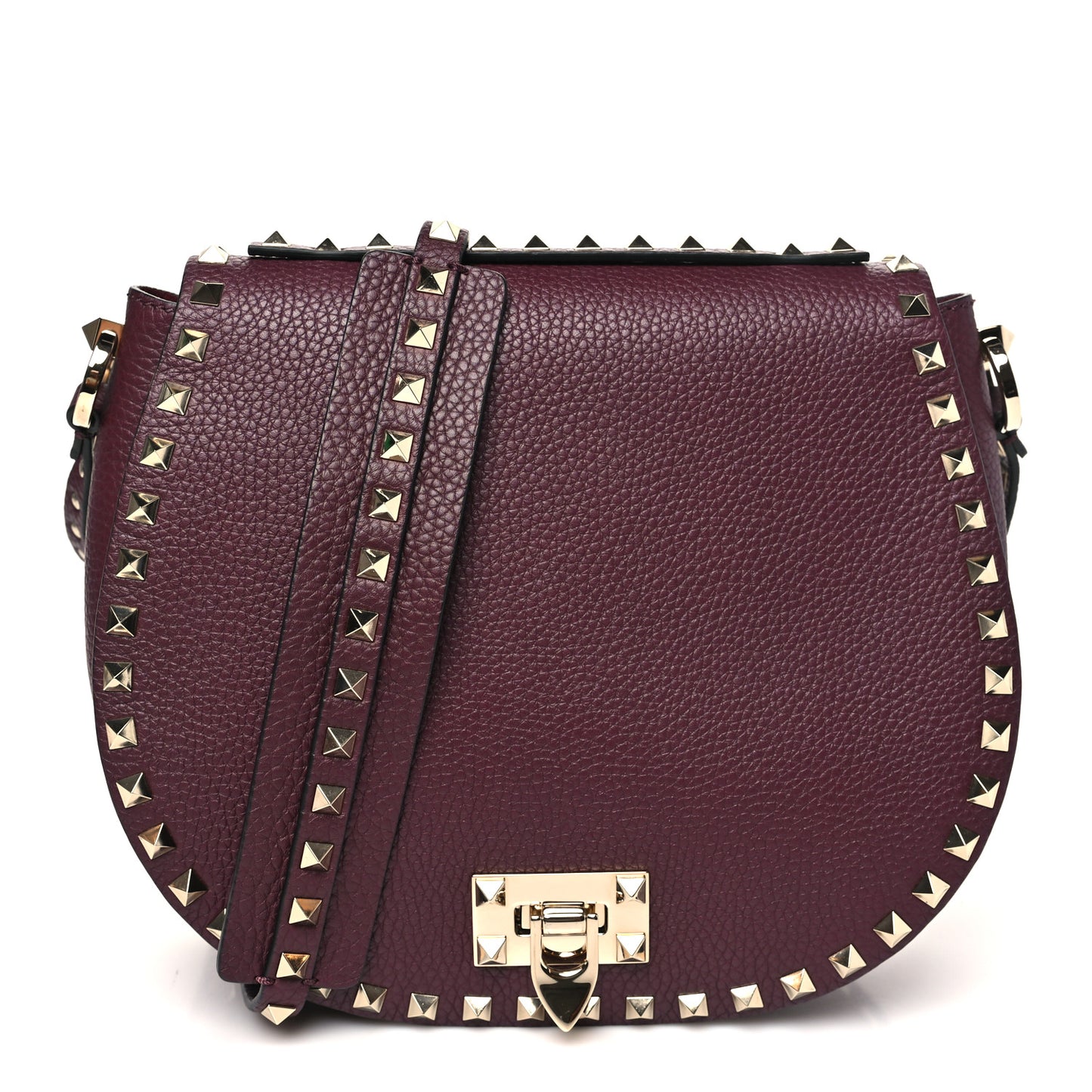 Pebbled Calfskin Rockstud Crossbody Saddle Bag Rubin