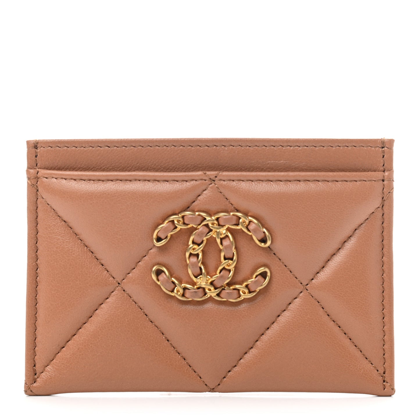 Lambskin Quilted Chanel 19 Card Holder Brown