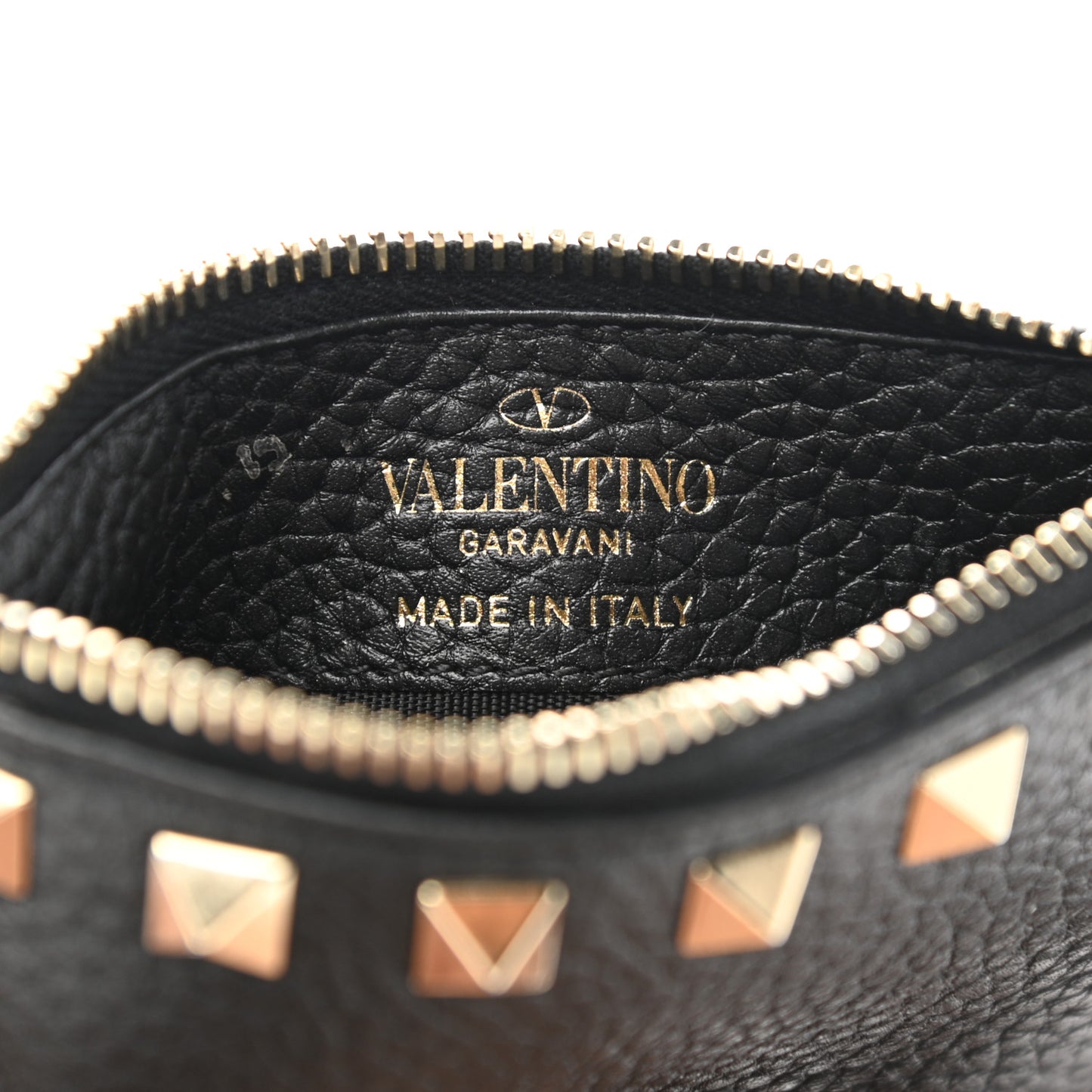 Pebbled Calfskin Rockstud Coin Case Card Holder Black