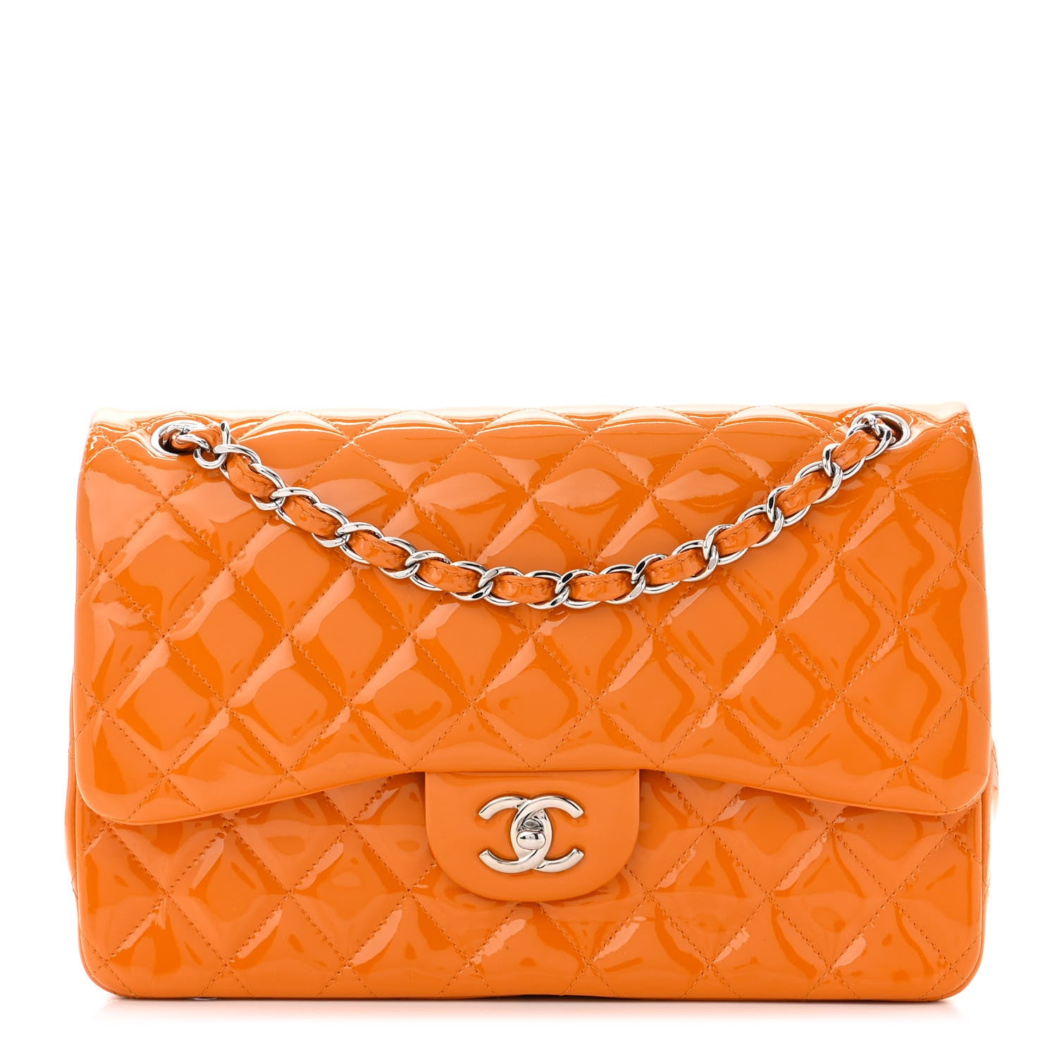 Chanel Patent Quilted Jumbo Double Flap Orange 1 of 16