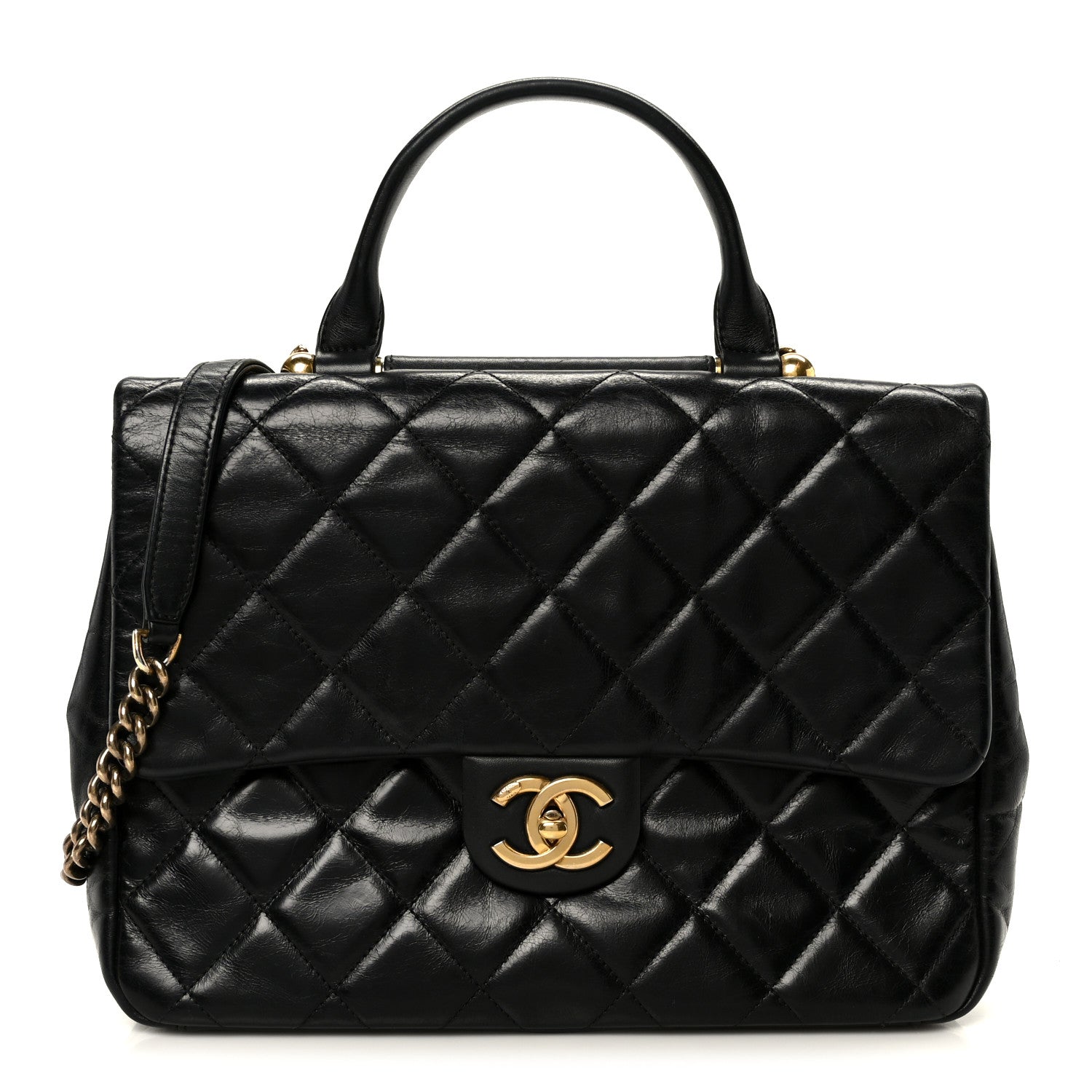 Chanel Glazed Calfskin Quilted Large Gold Bar Top Handle Flap Black 1 of 11