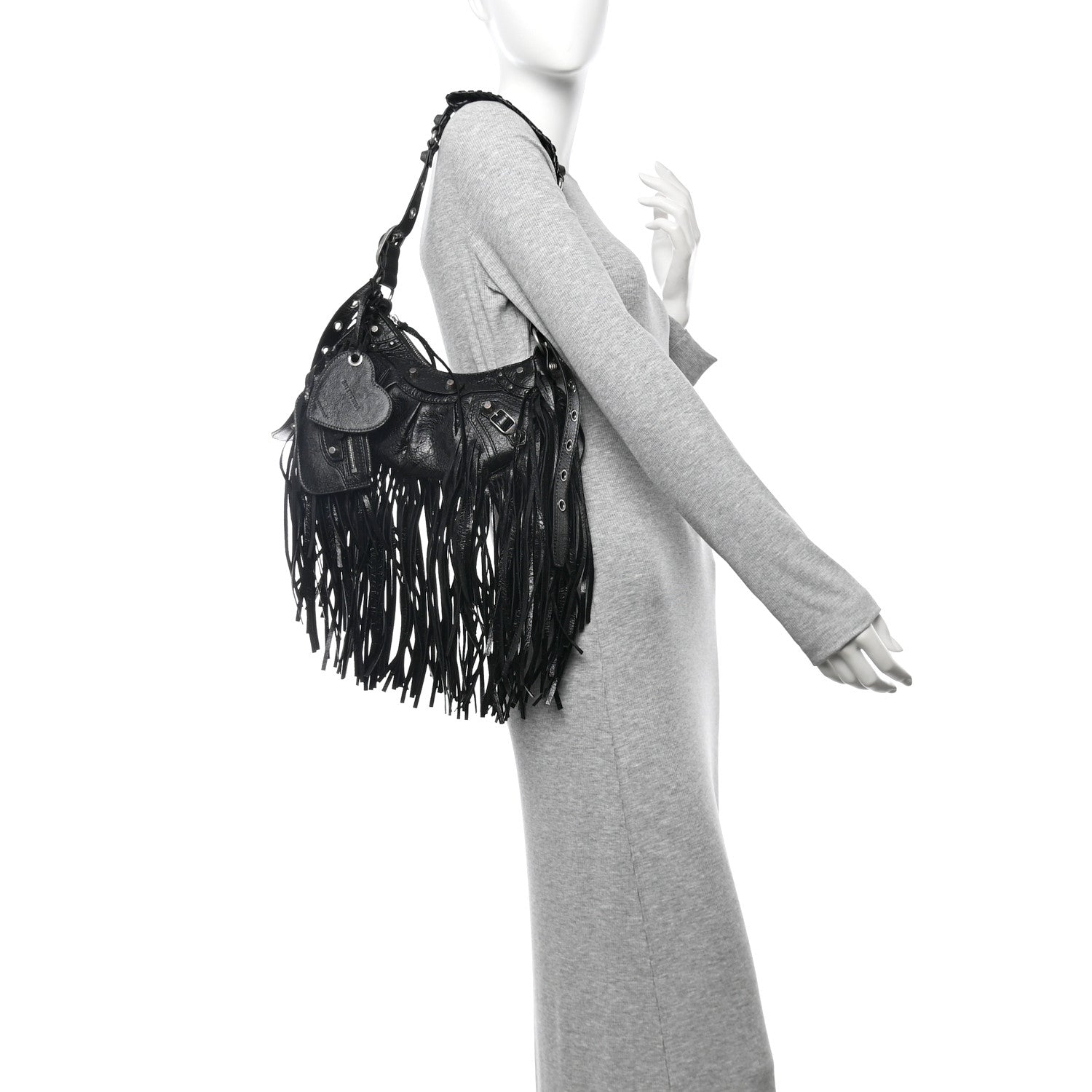 Balenciaga Agneau Arena Le Cagole Fringe Shoulder Bag XS Black 2 of 12