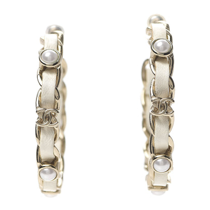 Chanel Lambskin Pearl More Is More CC Chain Hoop Earrings Matte Gold White 1 of 4