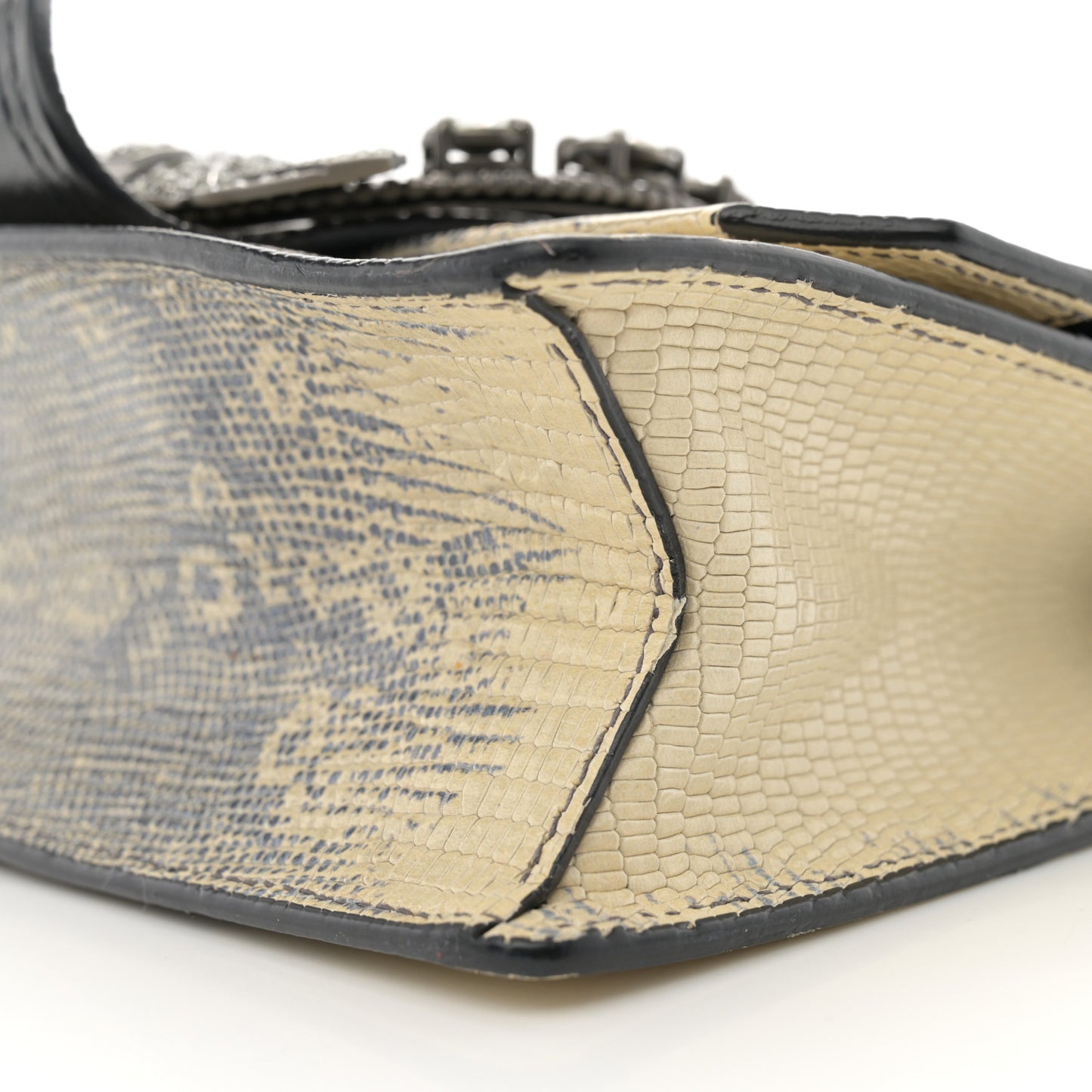 Lizard Embossed Calfskin Studded Jewel Buckle Crossbody Bag Roccia