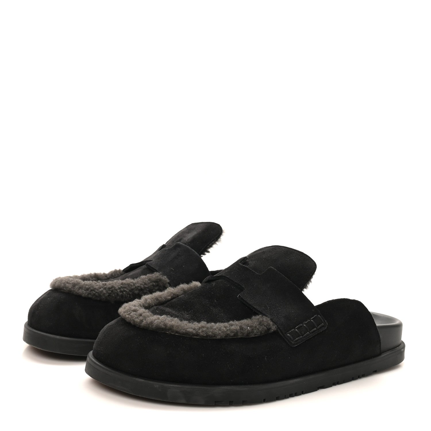 Hermes Suede Goatskin Shearling Mens Go Mules 43.5 Black 4 of 10